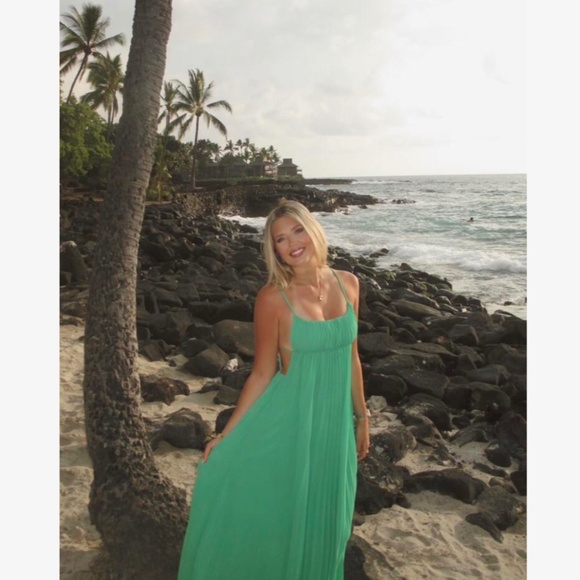 Green Pleated Maxi Dress Open Back Flowy Skirt Tie Straps - Picture 13 of 16